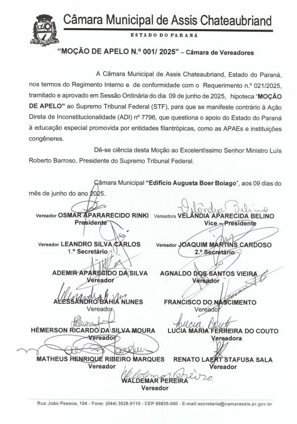 Câmara Municipal de Assis Chateaubriand Aprova Moção de Apelo ao STF