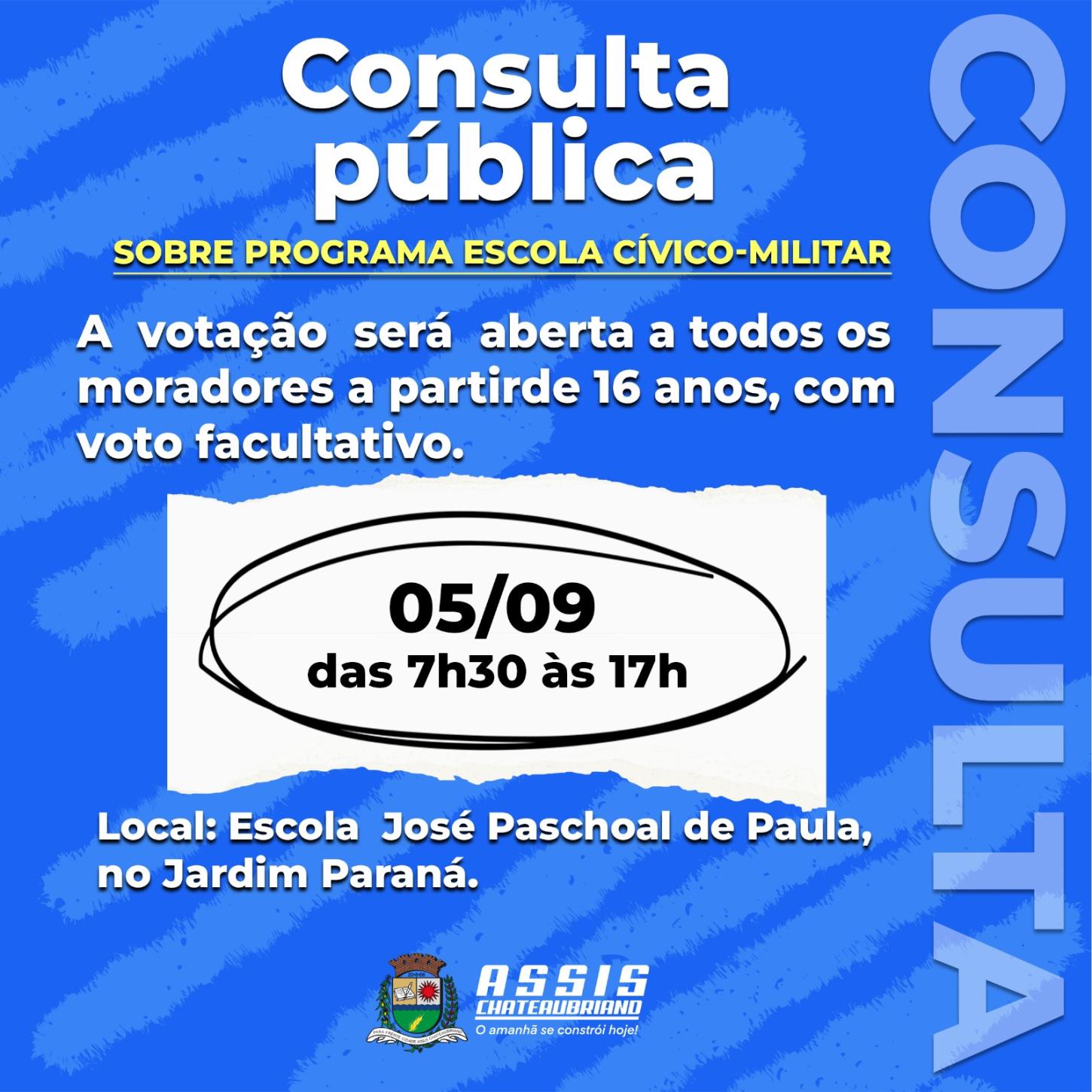 Consulta Pública sobre Programa Escola Cívico-Militar é convocada em Assis Chateaubriand
